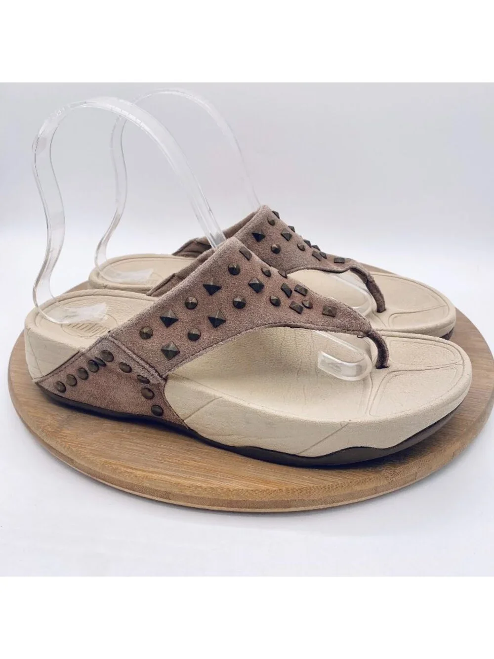 Fitflop Sandals Womens 7 38 Tan Suede Wedge Recovery Studded Flip Flop